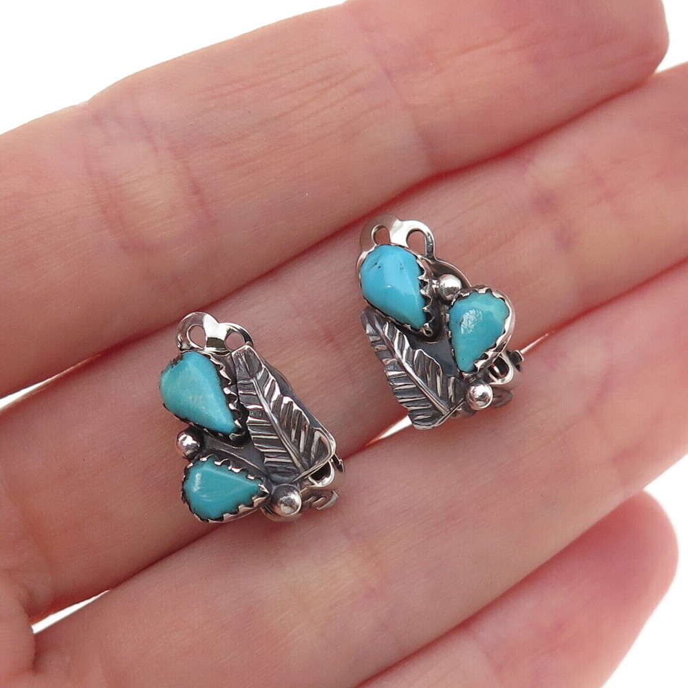 Old Pawn 925 Sterling Silver Vintage Turquoise Feather Tribal Clip On Earrings